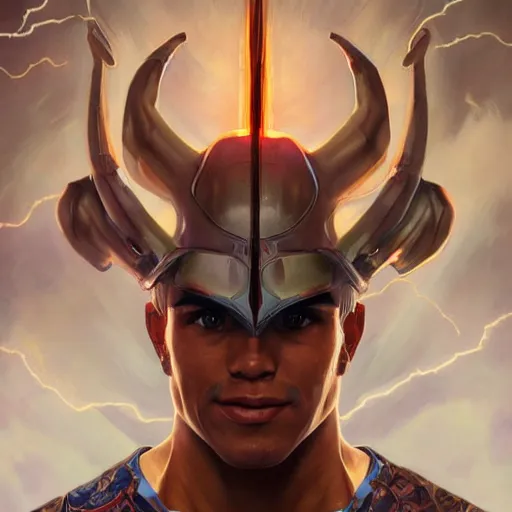 Image similar to character concept, portrait, symmetrical head - on centralized, laughing young man with strong body. detailed, high quality, dynamic lightning, fantasy, scenematic. artwork by artgerm, wlop, alex ross, greg rutknowski, alphonse mucha