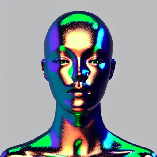 Image similar to 3d render of holographic human robotic head made of glossy iridescent, surrealistic 3d illustration of a human face non-binary, non binary model, 3d model human, cryengine, made of holographic texture, holographic material, holographic rainbow, concept of cyborg and artificial intelligence