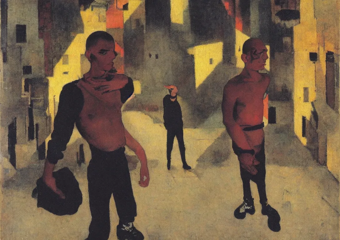 Image similar to a punk latino skinhead following a watchful light through the streets of a city, muted color scheme, sparse detail, by george luks, joan miro and moebius