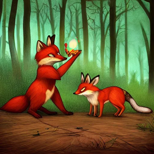 Image similar to 3 woodland critters, resistance, communist, bunny, mouse, fox, political meeting in the woods, antropomorphic, fantasy digital art, art station