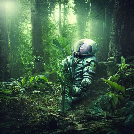 Image similar to prometheus astronaut in the forest with plants environment ,wide angle low, cinematic atmospheric lighthing, octane render, by craig mullin,