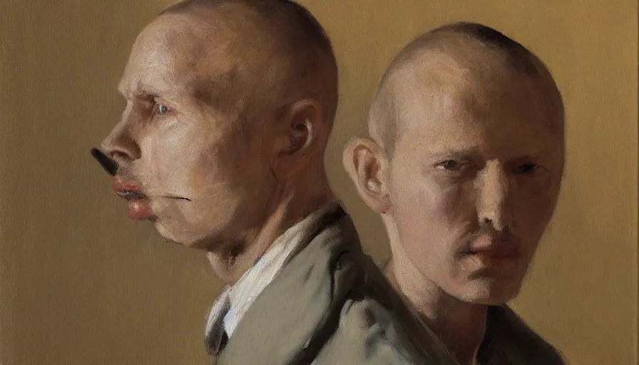 Image similar to painting by borremans, agent in a coat with cigarette, detailed, stunning