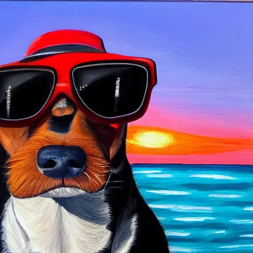 Prompt: painting of a cool dog smoking with sunglasses and a red hawaiian shirt in the sunset, high detail, portrait