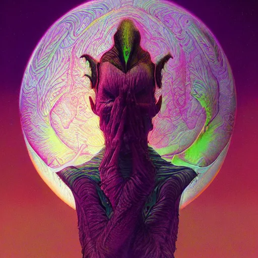 Prompt: Hyperdetailed psychedelic horror fantasy portrait of a vampire by Wayne Barlowe and Beeple, vivid color, album cover,