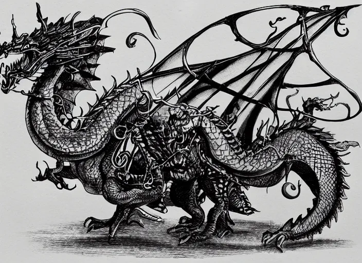 Image similar to pen and ink illustration, dragon with steam punk apparatus on its side, very fine detail, concept art, high detail, fine pen, white background, artstation