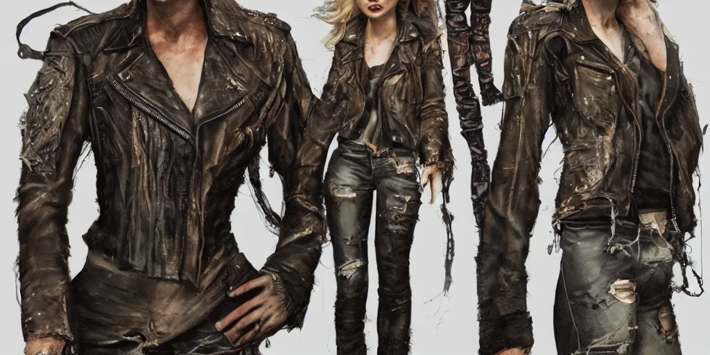 Prompt: samara weaving as a wanderer with tattooed arms and legs wearing a scratched leather and ripped aviator leather jeans, wearing a short black jacket with rusty medals on it, character sheet, head details, props, concept design, contrast, kim jung gi, greg rutkowski, trending on artstation, full body, turnaround, ultra wide angle, pincushion lens effect