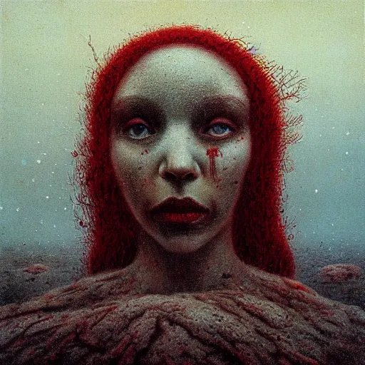 Image similar to a surrealist painting of a lonely woman with white skin and red hair standing over pile of bodies in post apocalyptic snowy landscape, painted by beksinski