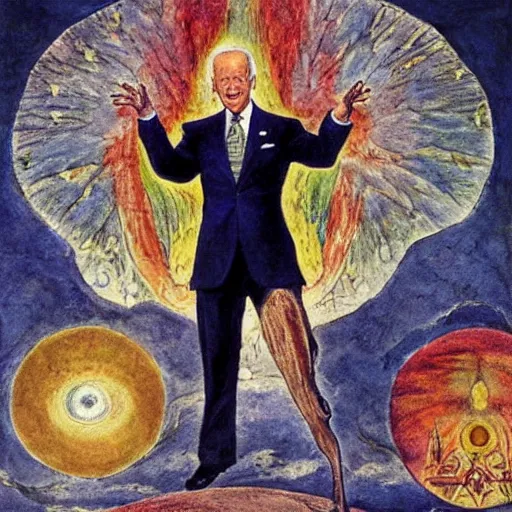 Image similar to joe biden as demiurge creating 1 9 5 0 s world, painting by william blake and jon mcnauhgton