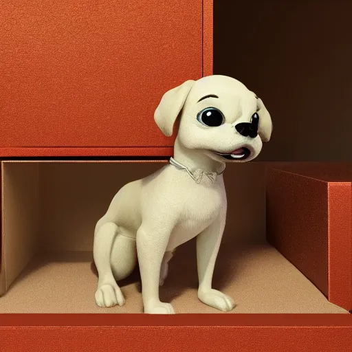 Prompt: dog character, in a box, small puppy, rich dog, high quality, 3 d render, dog in mountain, soft, concept art, intricate details, highly detailed, colorful, photorealistic, disney pixar, octane render, iridescent, anime, 8 k