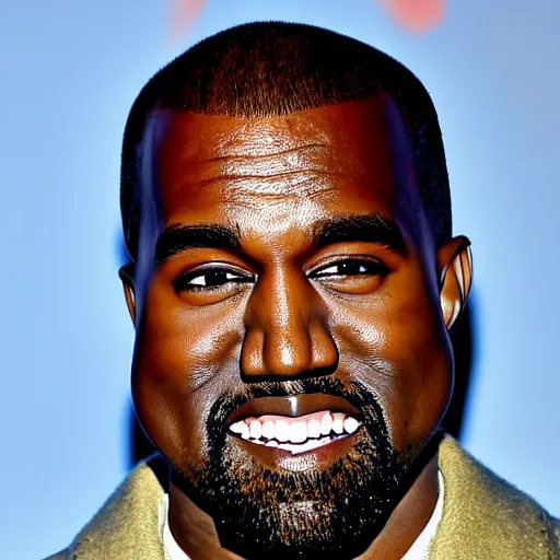 Image similar to kanye west grinning at the camera with his head at an angle and his head being tilted to the right, lots of grain, realistic.