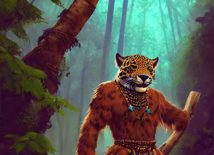 Image similar to character portrait feature of the anthro male anthropomorphic jaguar fursona animal person wearing jaguar fur body shaman tribal outfit robes belt standing in the amazon rainforest, well framed character design stylized by charlie bowater, ross tran, artgerm, makoto shinkai, detailed, soft lighting, rendered in octane