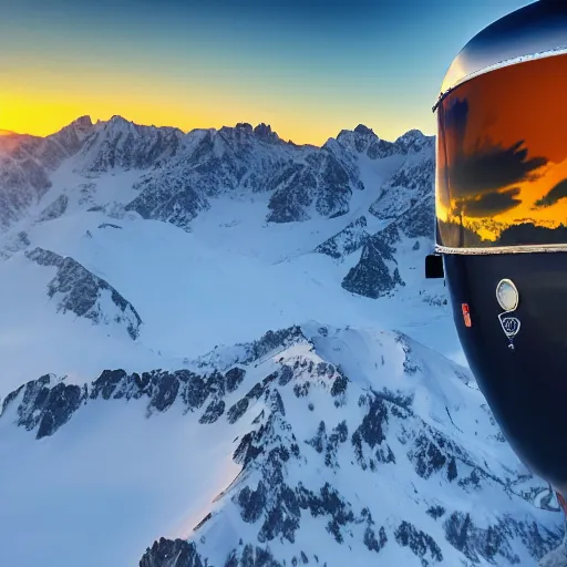 Prompt: A photorealistic image of an astonishing sunset in Courchevel mountains with a skydiver flying in an airstream generated by an axial fan with stainless steel blades reflecting the surrounding world