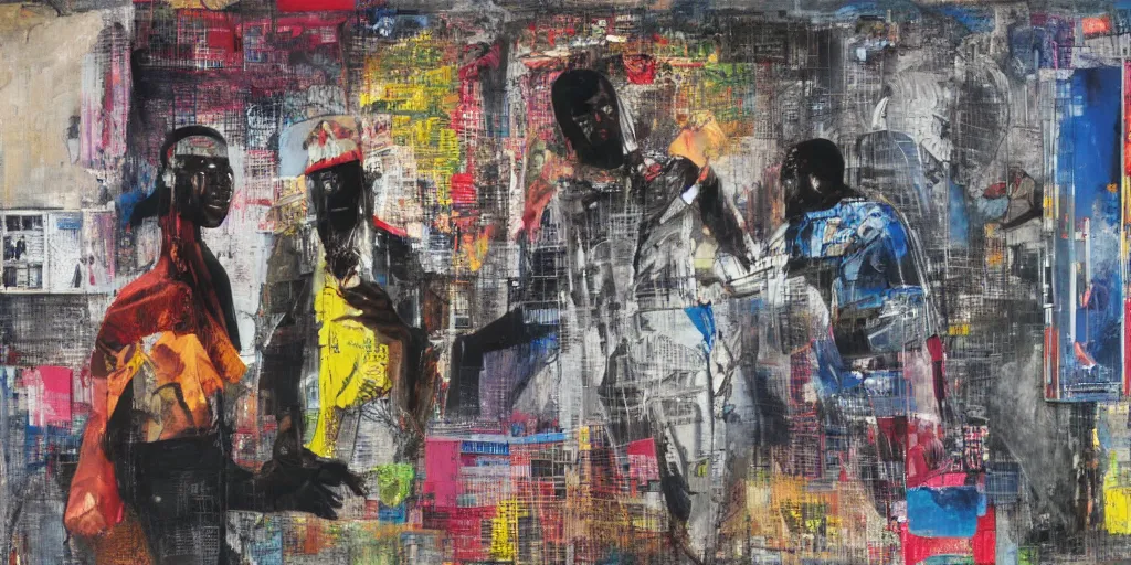 Prompt: robot in Ajegunle slum of Lagos conversing with African Jesus Christ about beauty under a large UFO beaming a neon ray, painting by Robert Rauschenberg, in the style of Estate (1963), oil and silk screen on canvas,