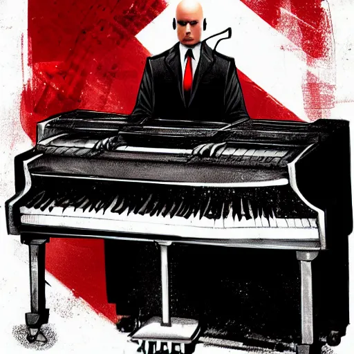 Image similar to agent 4 7 from hitman wearing headphones while playing a piano, digital art, dark fantasy, concept art