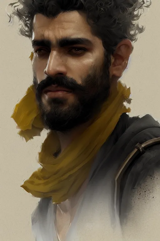 Image similar to Arab man light beard, curly hair, swordsman, modern, hero, yellow and charcoal leather, highly detailed, digital painting, artstation, concept art, sharp focus, illustration, by greg rutkowski