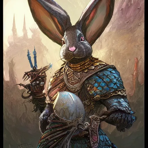 Prompt: rabbit as a dark souls boss colorful, fantasy, intricate, highly detailed, digital painting, hq, trending on artstation, illustration, style of stanley artgerm and greg rutkowski and dan mumford