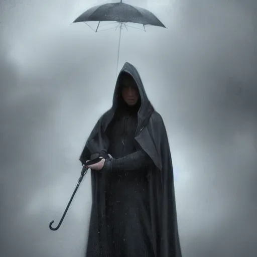 Image similar to epic portrait an depressed hooded man wearing a black jumper and holding an umbrella during rain, depressing, sad, digital painting, artstation, concept art, soft light, hdri, smooth, sharp focus, illustration, fantasy, intricate, elegant, highly detailed, D&D, matte painting, in the style of Greg Rutkowski and Alphonse Mucha and artemisia, 8k, highly detailed, jurgens, rutkowski, bouguereau, pastoral, rustic, georgic, detailed concept art, illustration, colorful pastel, painting, detail, ultra detailed, digital art, 4K,