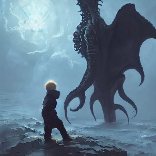 Image similar to a boy confronting cthulhu, by greg rutkowski