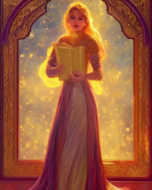 Prompt: jennifer lawrence in front of an big open quran highly detailed, gold filigree, romantic storybook fantasy, soft cinematic lighting, award, disney concept art watercolor illustration by mandy jurgens and alphonse mucha and alena aenami, pastel color palette, featured on artstation