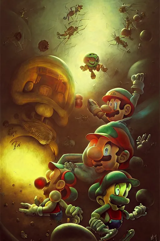 Image similar to hieronymus bosch, greg rutkowski, anna podedworna, painting of samus aran fighting mario and luigi