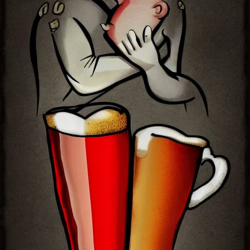 Prompt: two beautiful men drinking beer, red hearts, sadness, dark ambiance, concept by Godfrey Blow, featured on deviantart, drawing, sots art, lyco art, artwork, photoillustration, poster art