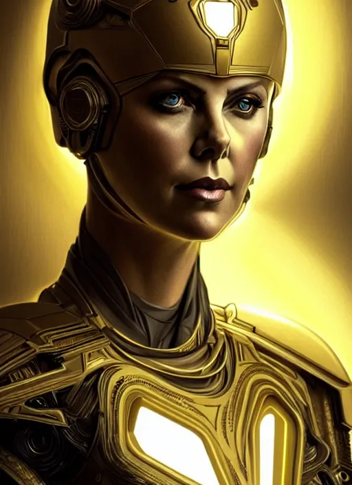 Image similar to symmetry!! portrait of charlize theron, gold sci - fi armour, tech wear, glowing lights!! sci - fi, intricate, elegant, highly detailed, digital painting, artstation, concept art, smooth, sharp focus, illustration, art by artgerm and greg rutkowski and alphonse mucha