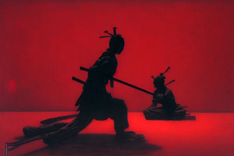 Image similar to only with red, a red samurai do seppuku, tokio, a lot of frogs watch, in the style of beksinski, parts by edward hopper, parts by rodcenko, parts by yue minjun, intricate and epic composition, red by caravaggio, insanely quality, highly detailed, masterpiece, red light, artstation, 4 k