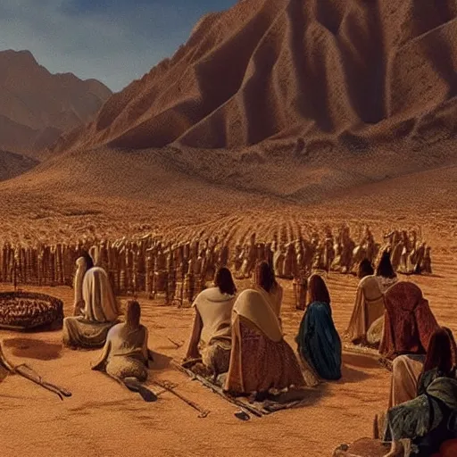 Prompt: moses and the hebrew people in desert praising a golden snake, cinematic view, ultra hd