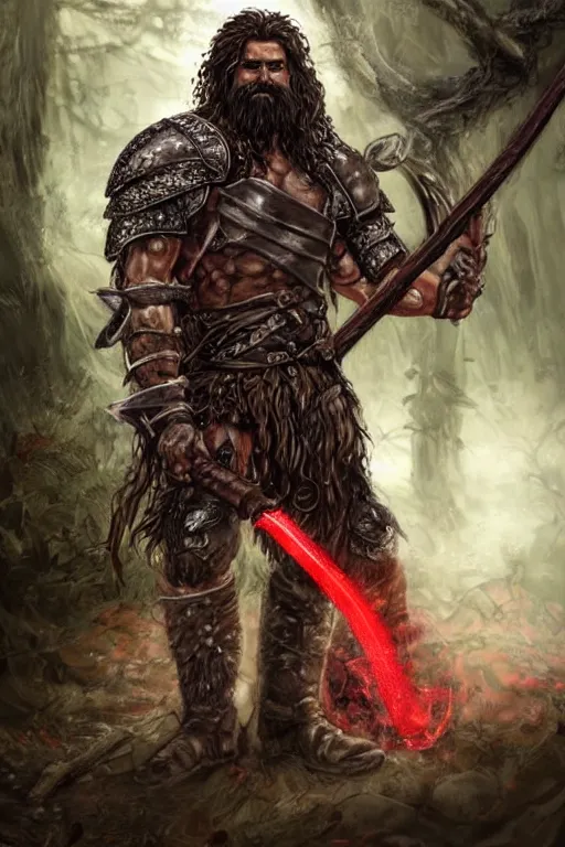 Prompt: Picture of an adult male warrior, muscular, baggy eyes, light bown iris, wielding an axe on each hand, long curly hair, messy beard, very dark brown skin!, mixed plate and leather armor, red colored, in the forest, ready for combat, high fantasy, by WLOP, Genzoman, Sakimichan and Frank Franzzeta, trending on artstation, artstationHD, artstationHQ, good, octane, cgsociety, HD, extremely detailed, detailed face!, HD 16k
