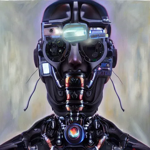 Image similar to a realistic oil painting of a black man as a cybernetic cyborg, surrealism portrait, surrealism album cover