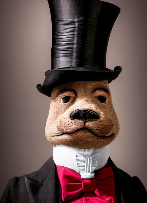 Prompt: closeup portrait of lord snooty wearing a top hat, depth of field, zeiss lens, detailed, symmetrical, centered, fashion photoshoot, by Annie Leibovitz and Steve McCurry, David Lazar, Jimmy Nelsson, Breathtaking, 8k resolution, extremely detailed, beautiful, establishing shot, artistic, hyperrealistic, beautiful face, octane render