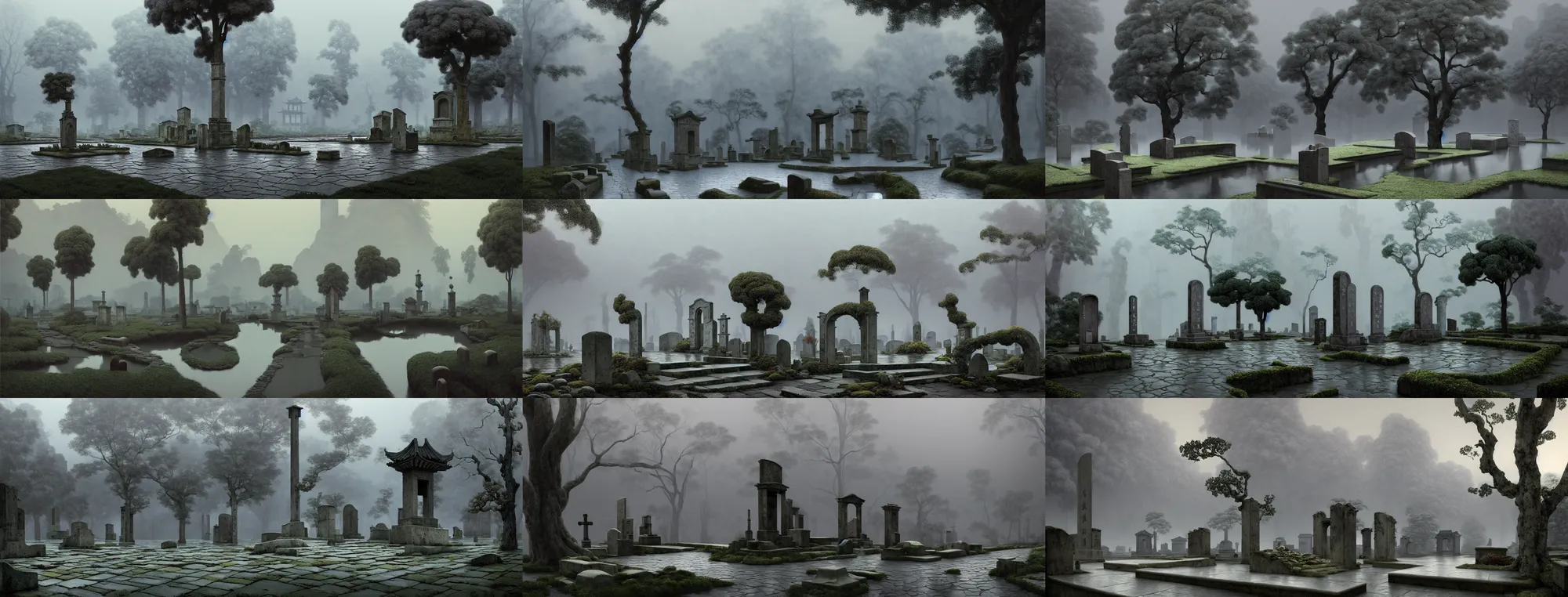 Prompt: a gorgeous bleak spring landscape painting by barlowe wayne maxfield parrish and marco mazzoni. rainy mood. traditional huizhou architecture. just one chinese tombstone. grey blue and very little light verdancy. wet winding stone steps. ultra clear detailed. 3 d, octane render. turbulent blood lake. fog, 8 k