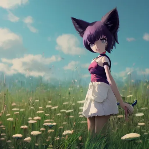 Prompt: cute catgirl character in a field of flowers 4k crisp features miyazaki greg rutkowski