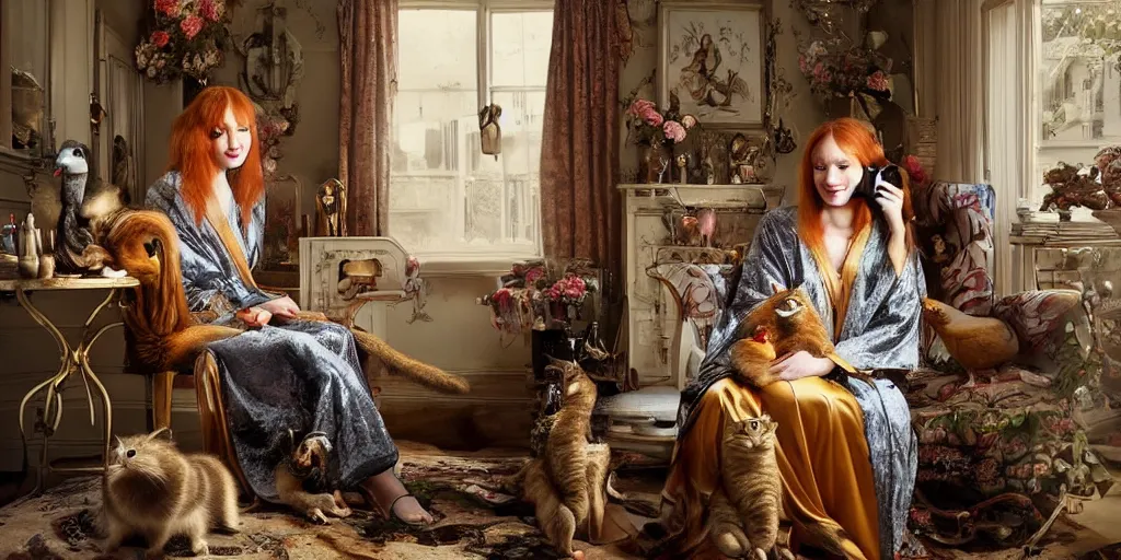 Image similar to a stunning hyper-detailed photorealistic painting of a slender beautiful smiling woman with long ginger hair and bangs, wearing a luxurious silk robe, wearing headphones and posing with her large ginger tabby cat and her raccoon and parrots in an overstuffed easy chair in her sunlit victorian living room, holding a porcelain parrot-shaped coffee mug and a donut, perfect eyes, fashion photography, cinematic lighting, octane render, IBEX Masters, unreal engine, 85 mm lens,