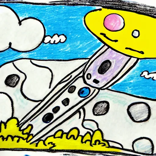 Prompt: A space ship abducts a cow, drawn by a 5 year old, 4k, HD