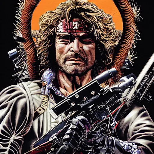 Image similar to portrait of crazy snake plissken, symmetrical, by yoichi hatakenaka, masamune shirow, josan gonzales and dan mumford, ayami kojima, takato yamamoto, barclay shaw, karol bak, yukito kishiro