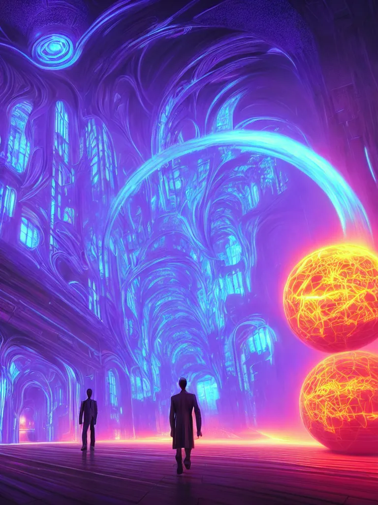 Image similar to entrance to matrix ethereal realm, ai sentient, rendered in unreal engine, central composition, symmetrical composition, dreamy colorful cyberpunk colors, 6 point perspective, fantasy landscape with anthropomorphic terrain in the styles of igor morski, jim warren and rob gonsalves, intricate, hyperrealistic, volumetric lighting, neon ambiance, distinct horizon