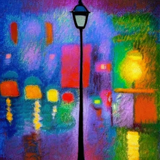 Image similar to streetlamp, rainy, night, kandinsky, impressionist, pastel, high contrast