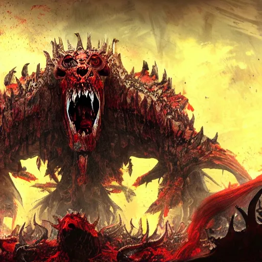 Prompt: A beast with seven heads rising from the sea of blood, Warhammer 2, artstation, 4k detailed