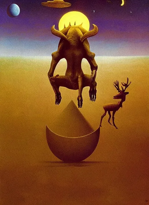 Image similar to a deer horned astronaut stands atop a melting dinosaur on the moon, Edward Hopper and James Gilleard, Zdzislaw Beksinski, Mark Ryden, Wolfgang Lettl highly detailed, hints of Yayoi Kasuma, Odilon Redon. Drexler