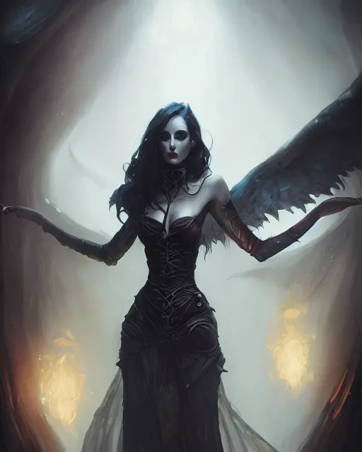 Image similar to wlop, bastien lecouffe deharme, daniel gerhartz, detailed portrait digital painting of a beautiful serious villainess wearing fantasy clothing like liliana vess, villainess has black angel wings, evil mood, hellish battlefield in the background, embers flying, unreal engine, hyper realism, realistic shading, cinematic composition, blender render, ultrawide shot