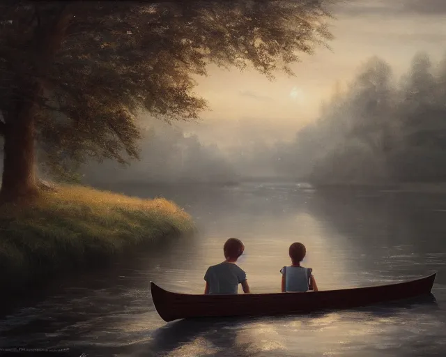 Prompt: a boy and a girl with long flowing auburn hair sitting together on the rowboat. Boy has black short hair, boy has black short hair. Atmospheric lighting, long shot, romantic, boy and girl are the focus, trees, river. Oil Painting, Trending on Artstation, octane render, Insanely Detailed, 8k, HD