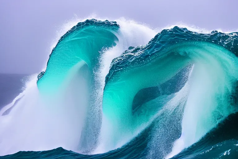 Image similar to underwater photography of a gigantic white octopus jumping a wave at nazare