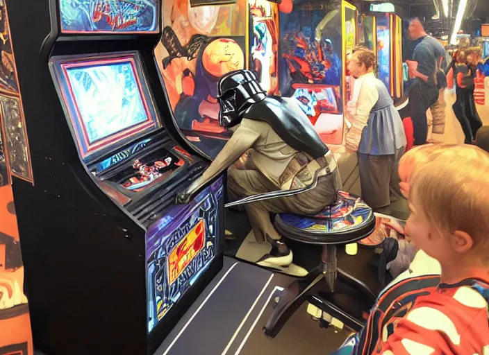 Image similar to a highly detailed beautiful portrait of a darth vader playing space invaders on an arcade machine, by gregory manchess, james gurney, james jean