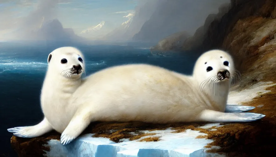 Prompt: highly detailed painting of cute furry white baby seal deer with big furry antlers cuddling into each other on a blue and white iceberg by william turner, by greg rutkowski, by william constable, thick brush strokes and visible paint layers, 4 k resolution