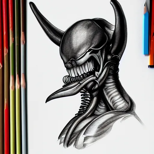 Image similar to a pencil sketch of a xenomorph wearing a cowboy hat, white background, fine detail, 8 k details