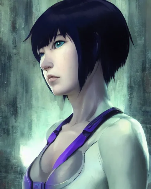 Image similar to weta disney pixar movie still portrait photo of motoko kusanagi ghost in the shell : : as cyborg woman by pixar : : by weta, wlop, ilya kuvshinov, rossdraws, artgerm, marvel, maxim cover, latex, octane render, sweaty, iridescent, bright morning, anime, liosh, mucha : :