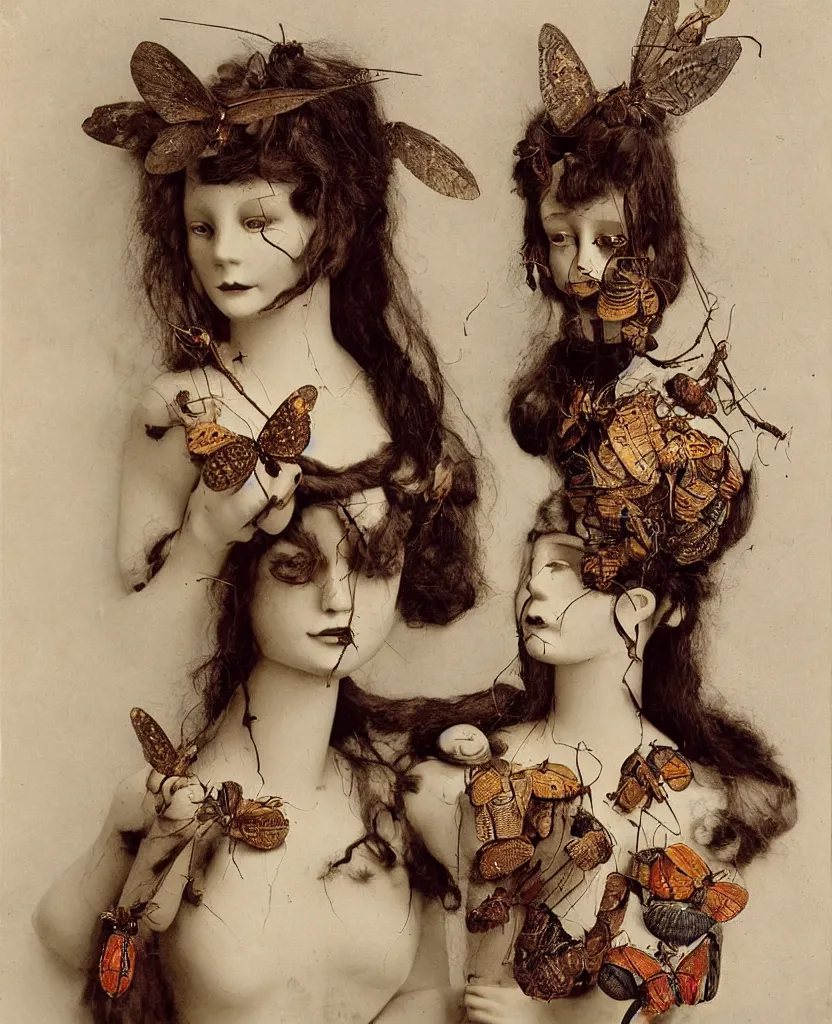 Prompt: 1800's photograph, autochrome, vintage glass plate photograph, head and shoulders portrait of a beautiful female mannequin with a large moth sitting on her face, large caterpillars and big beetles crawl over her body, jointed wooden doll with long flowing hair, holding each other, hands, beautifully disturbing, gothic, taxidermy, by Nina Masic by Flora Borsi