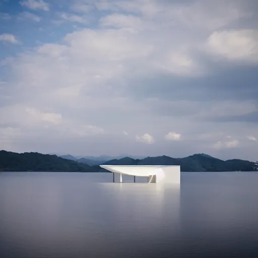 Image similar to a beautiful white art museum building in the shape of a cloud on the surface of the lake. the interior is luminous. it was created by tadao ando and yoshima