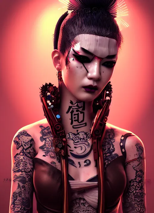Image similar to portrait of a seductive cyberpunk geisha yakuza raver gutter punk cyborg bioweapon, golden ratio, details, sci - fi, dark fantasy, cyberpunk, intricate, decadent, ornate, highly detailed, digital painting, octane render, 8 k, artstation, concept art, smooth, sharp focus, illustration, art by artgerm, loish, wlop